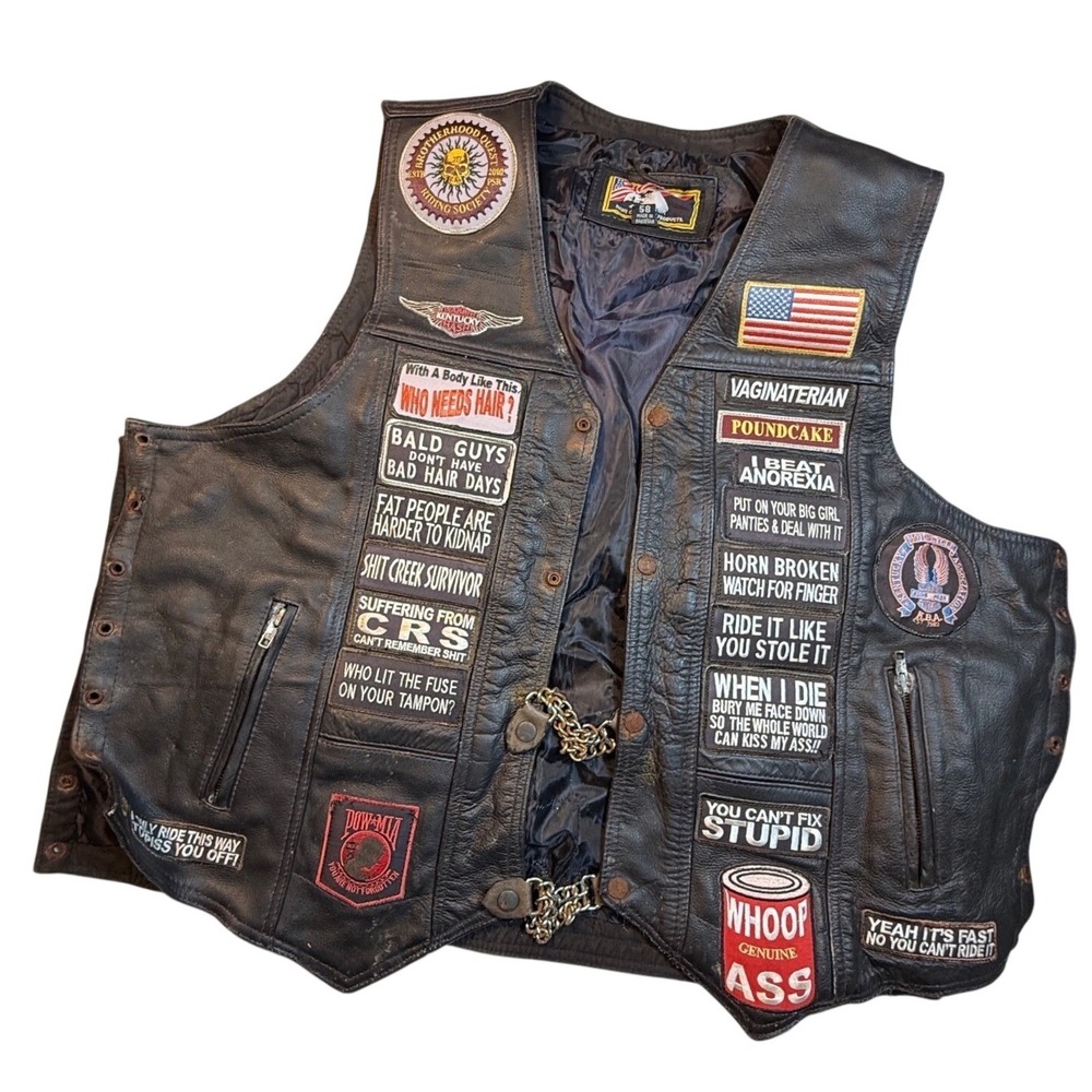 Leather Biker‎ Vest Patches Funny Humor Motorcycle Club Sleeveless Jacket sz 58